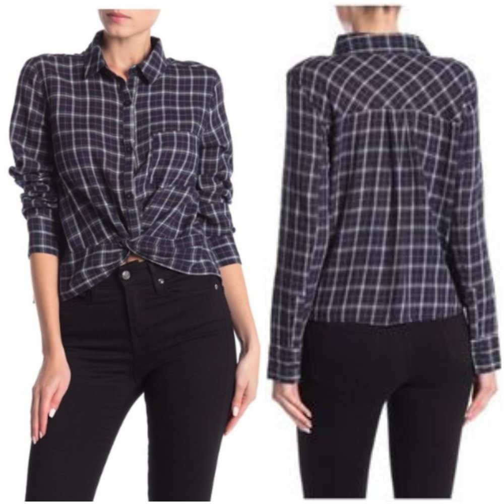 ABOUND Cropped Navy Plaid Shirt Twist Front